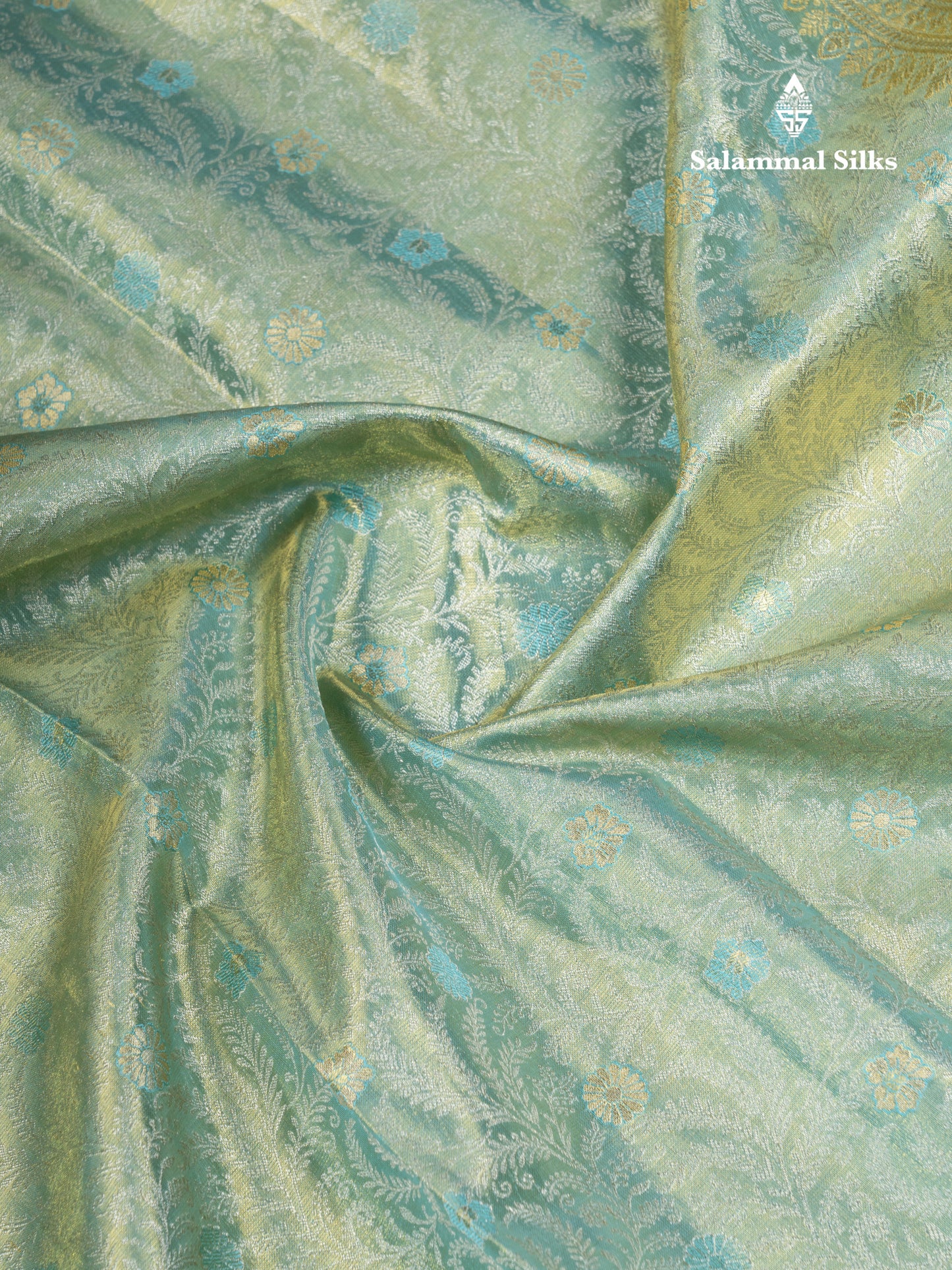Rexona Green Tissue Bridal Pure Kanjivaram Silk Saree With Contrast Sky Blue Traditional Evening Morning Border