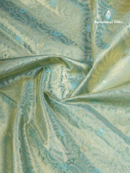 Rexona Green Tissue Bridal Pure Kanjivaram Silk Saree With Contrast Sky Blue Traditional Evening Morning Border