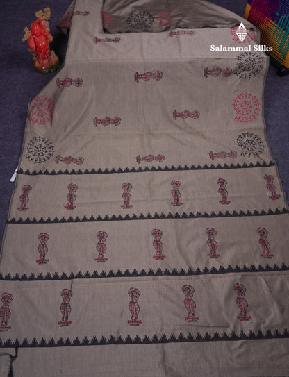 Beautiful Elephant Grey South Cotton Printed Saree With Contrast Maroon Blouse