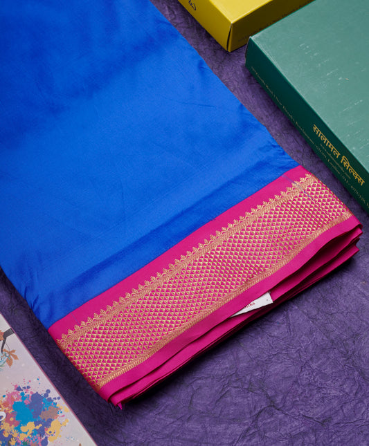 11 Yards Semi Silk Saree Royal Blue with Contrast Pink Border