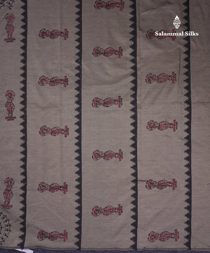Beautiful Elephant Grey South Cotton Printed Saree With Contrast Maroon Blouse