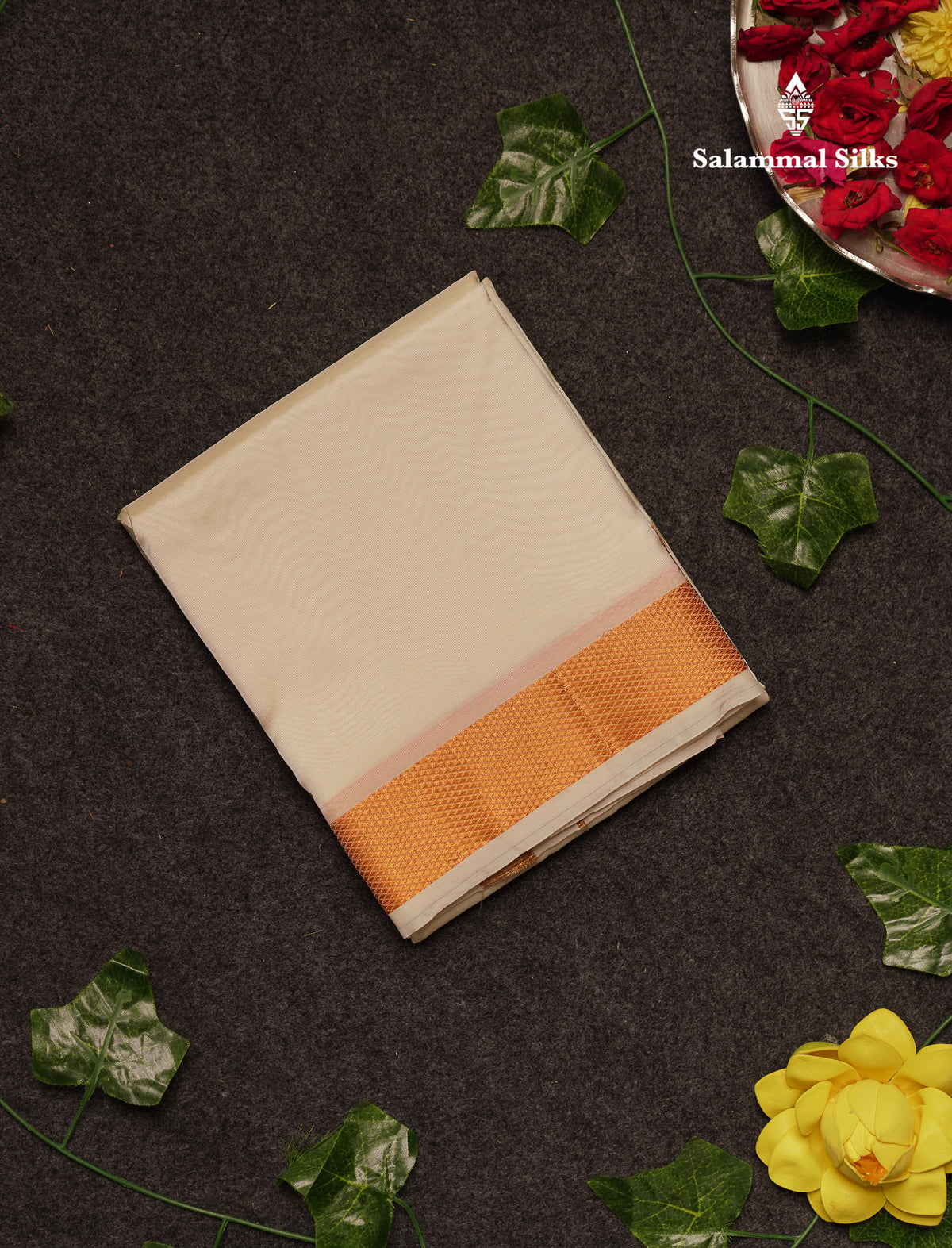 Beautiful Cream White Asha Mix 8 Muzham Dhoti With Gold Zari Border