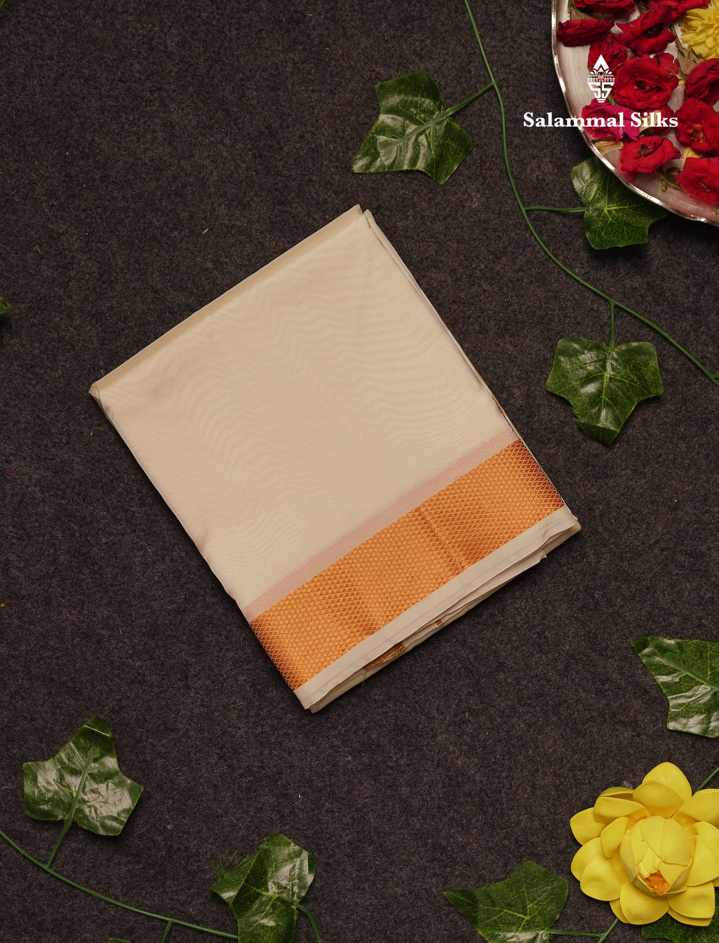 Beautiful Cream White Asha Mix 8 Muzham Dhoti With Gold Zari Border