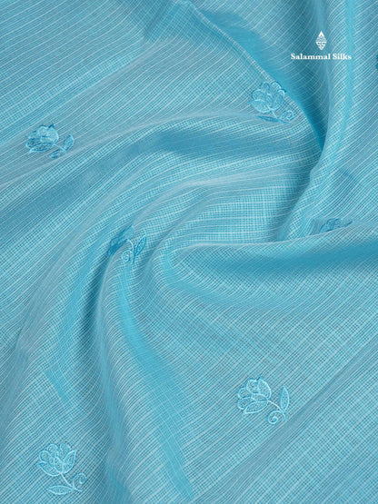 Cotton Mix Saree -   Sky Blue Embroidery Work Fancy Saree Along With Small Ribbon Border
