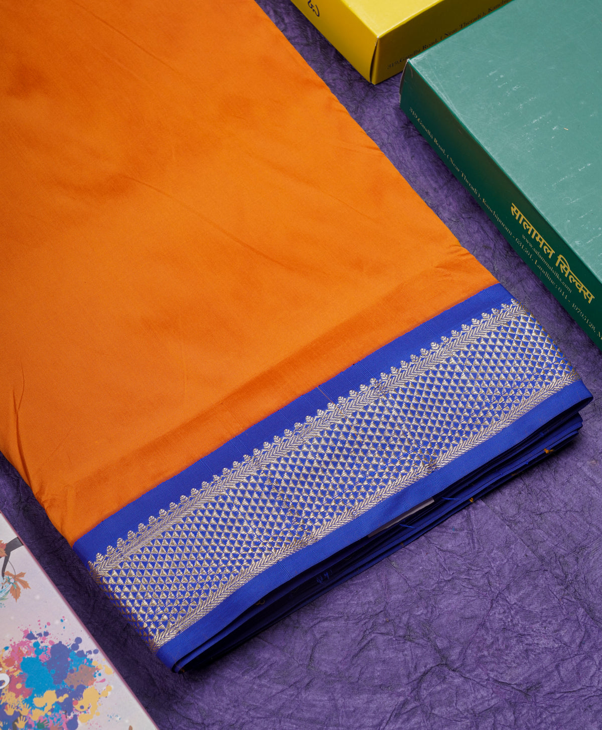 11 Yards Semi Silk Saree Rust Orange with Contrast Royal Blue Border