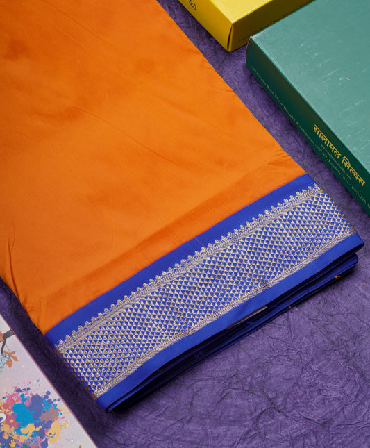 11 Yards Semi Silk Saree Rust Orange with Contrast Royal Blue Border