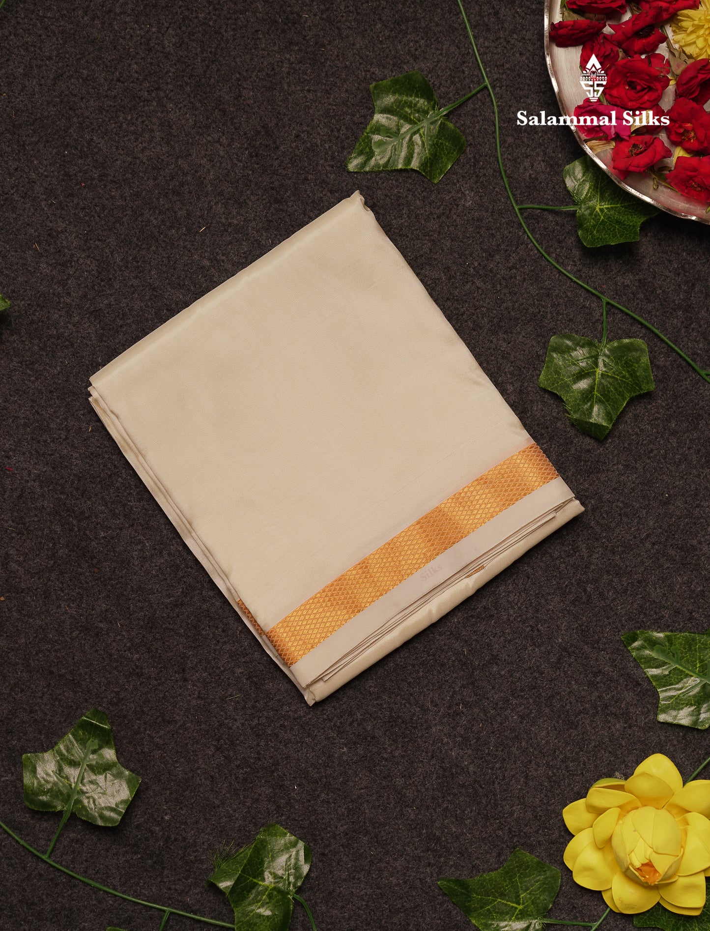 Beautiful Cream White Pure Mix 8 Muzham Dhoti With Gold Zari Border