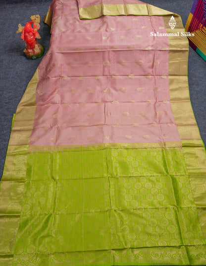 Beautiful Dual Tone Pink Pure Kanjivaram Silk Saree With Contrast Dual Tone Green Blouse