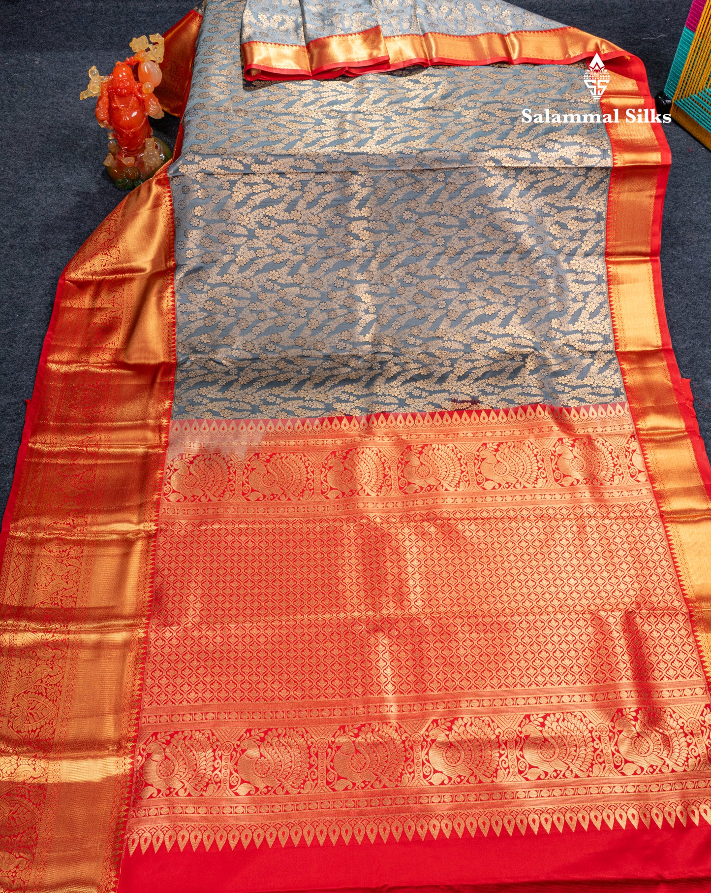 Elephant Grey Semi Silk Saree With Contrast Chilly Red Traditional Evening Morning Border