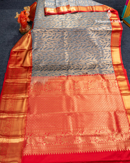 Elephant Grey Semi Silk Saree With Contrast Chilly Red Traditional Evening Morning Border