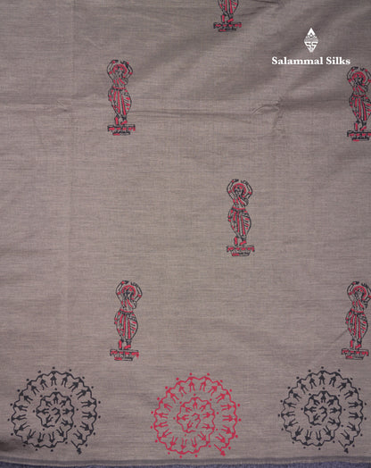 Beautiful Elephant Grey South Cotton Printed Saree With Contrast Maroon Blouse