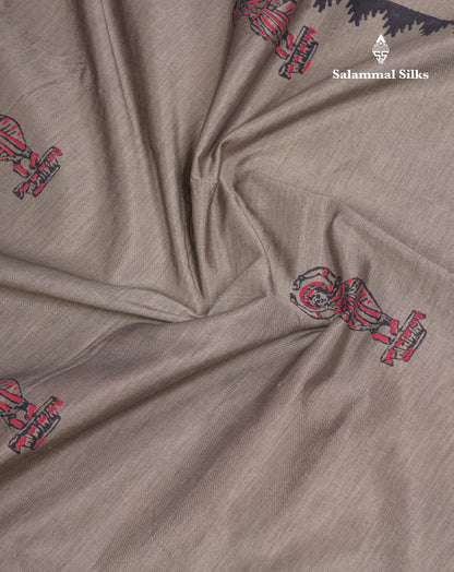 Beautiful Elephant Grey South Cotton Printed Saree With Contrast Maroon Blouse
