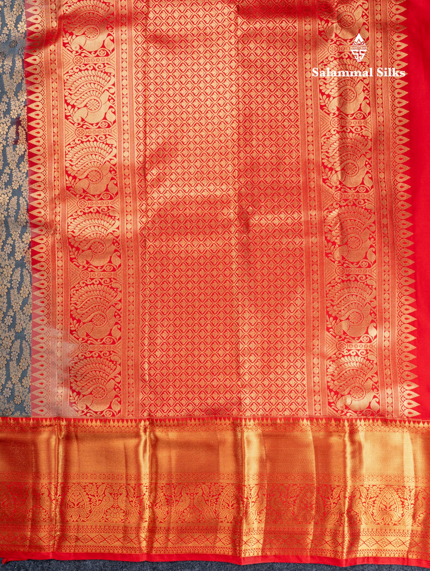Elephant Grey Semi Silk Saree With Contrast Chilly Red Traditional Evening Morning Border