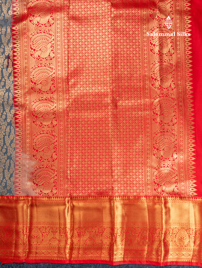 Elephant Grey Semi Silk Saree With Contrast Chilly Red Traditional Evening Morning Border