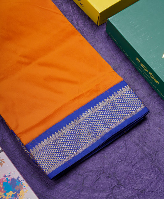9.5 Yards Semi Silk Saree Rust Orange with Contrast Royal Blue Border