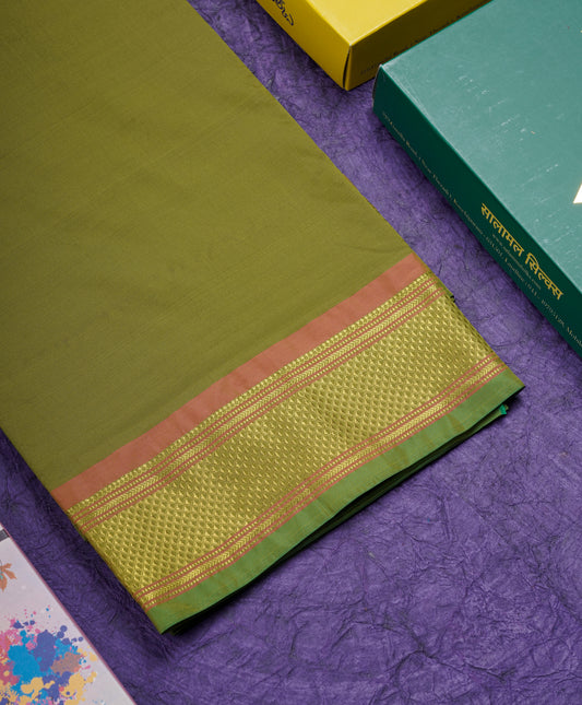 9 Yards Semi Silk Saree Army Green with Traditional Border