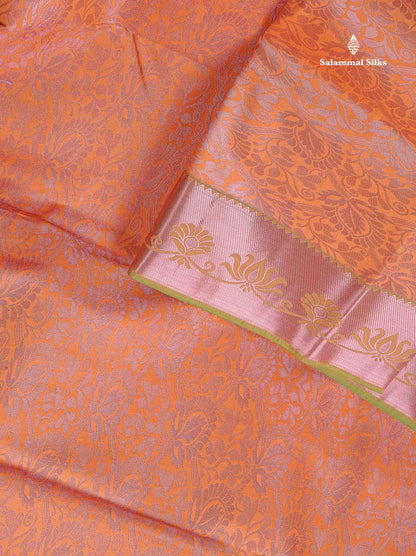 Semi Silk Saree - Light Orange Colour Body With Contrast Saffire Green Blouse