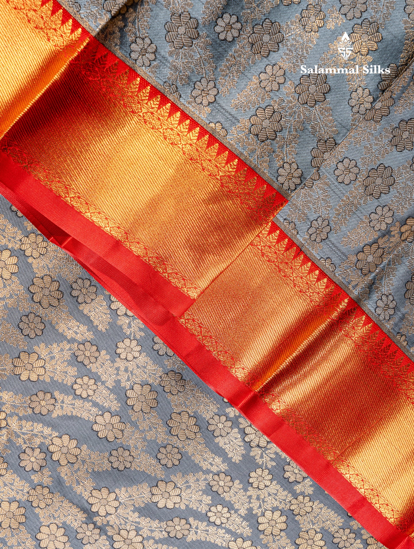 Elephant Grey Semi Silk Saree With Contrast Chilly Red Traditional Evening Morning Border