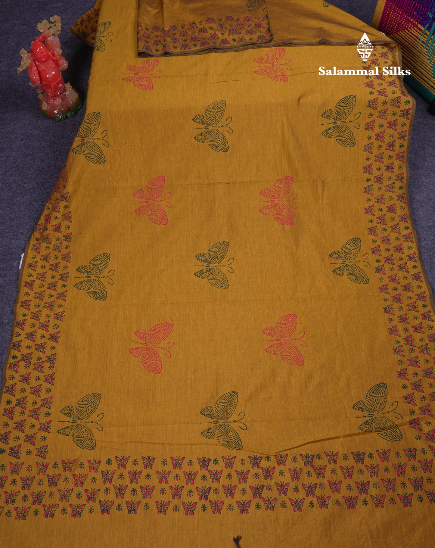 Beautiful Olive Mustard Yellow South Cotton Printed Saree With Contrast Green Blouse