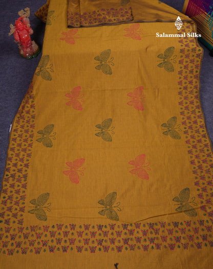 Beautiful Olive Mustard Yellow South Cotton Printed Saree With Contrast Green Blouse