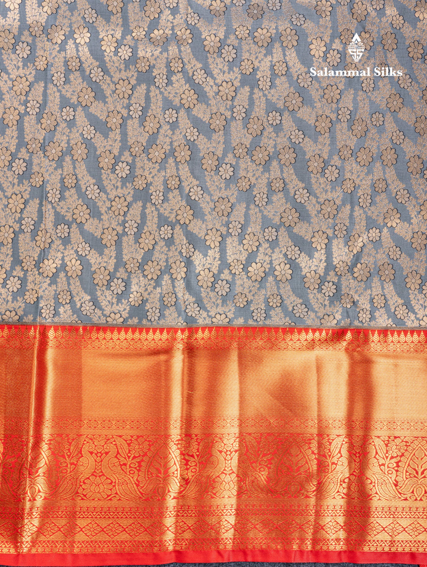 Elephant Grey Semi Silk Saree With Contrast Chilly Red Traditional Evening Morning Border