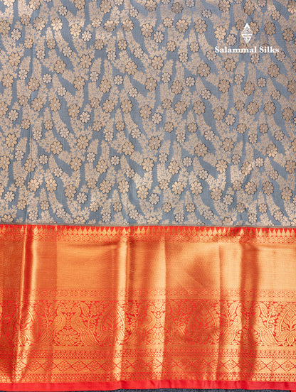 Elephant Grey Semi Silk Saree With Contrast Chilly Red Traditional Evening Morning Border
