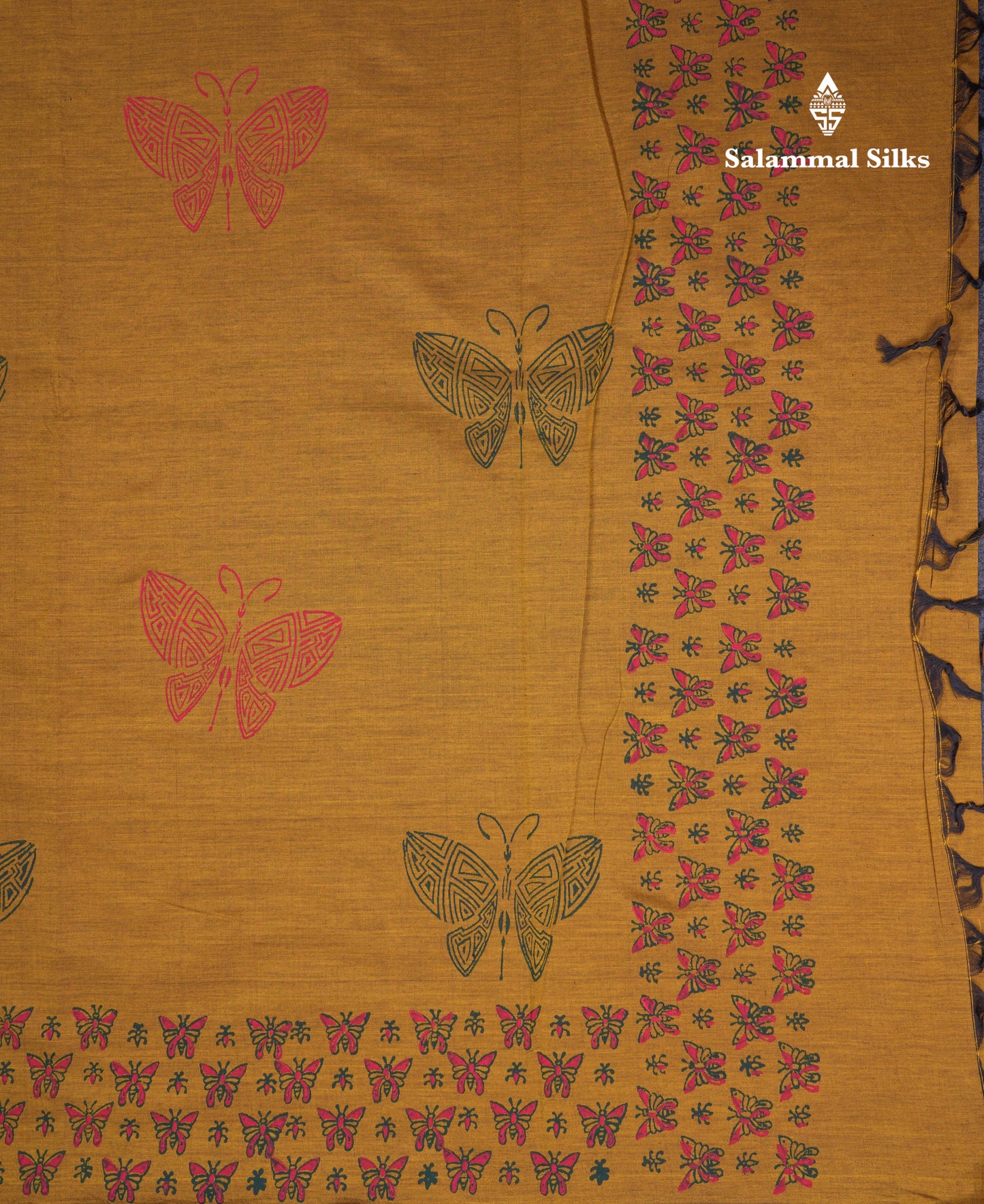 Beautiful Olive Mustard Yellow South Cotton Printed Saree With Contrast Green Blouse