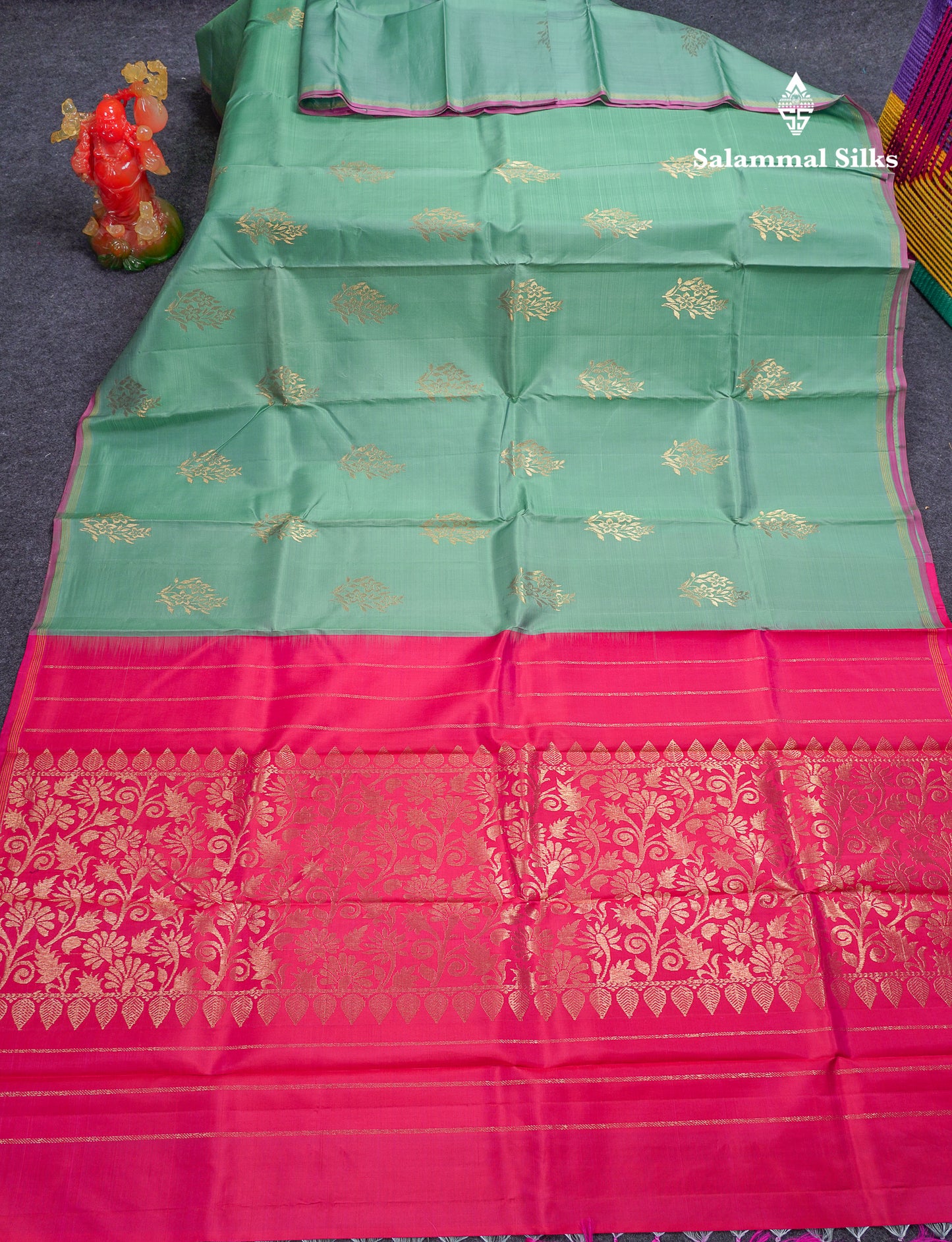 Beautiful Sapphire Green Fancy Pure Kanjivaram Silk Saree With Contrast Pink Blouse