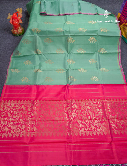 Beautiful Sapphire Green Fancy Pure Kanjivaram Silk Saree With Contrast Pink Blouse