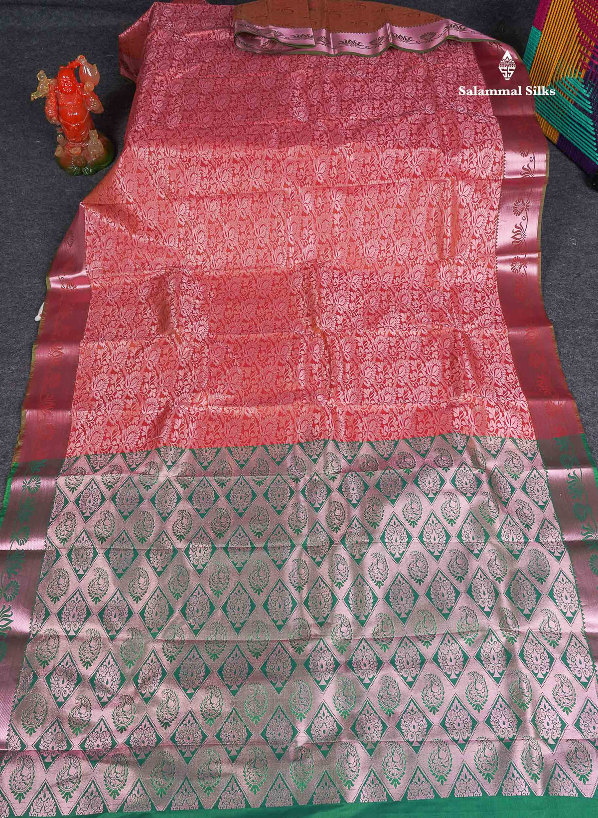 Semi Silk Saree - Pinkish Orange Colour Body With Contrast Saffire Green Blouse