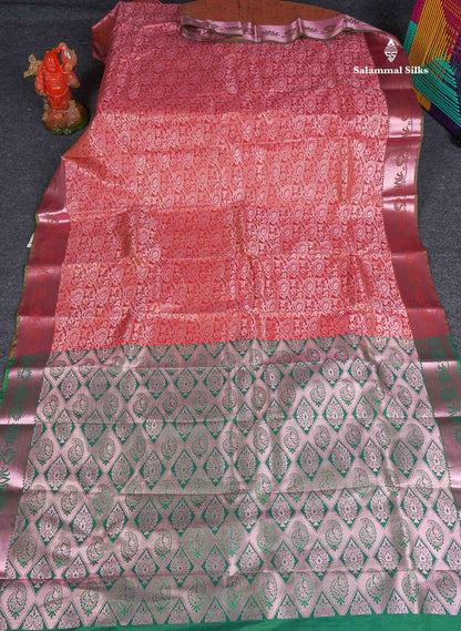 Semi Silk Saree - Pinkish Orange Colour Body With Contrast Saffire Green Blouse