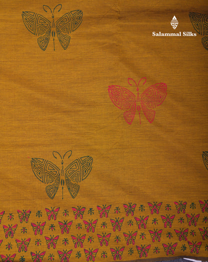 Beautiful Olive Mustard Yellow South Cotton Printed Saree With Contrast Green Blouse