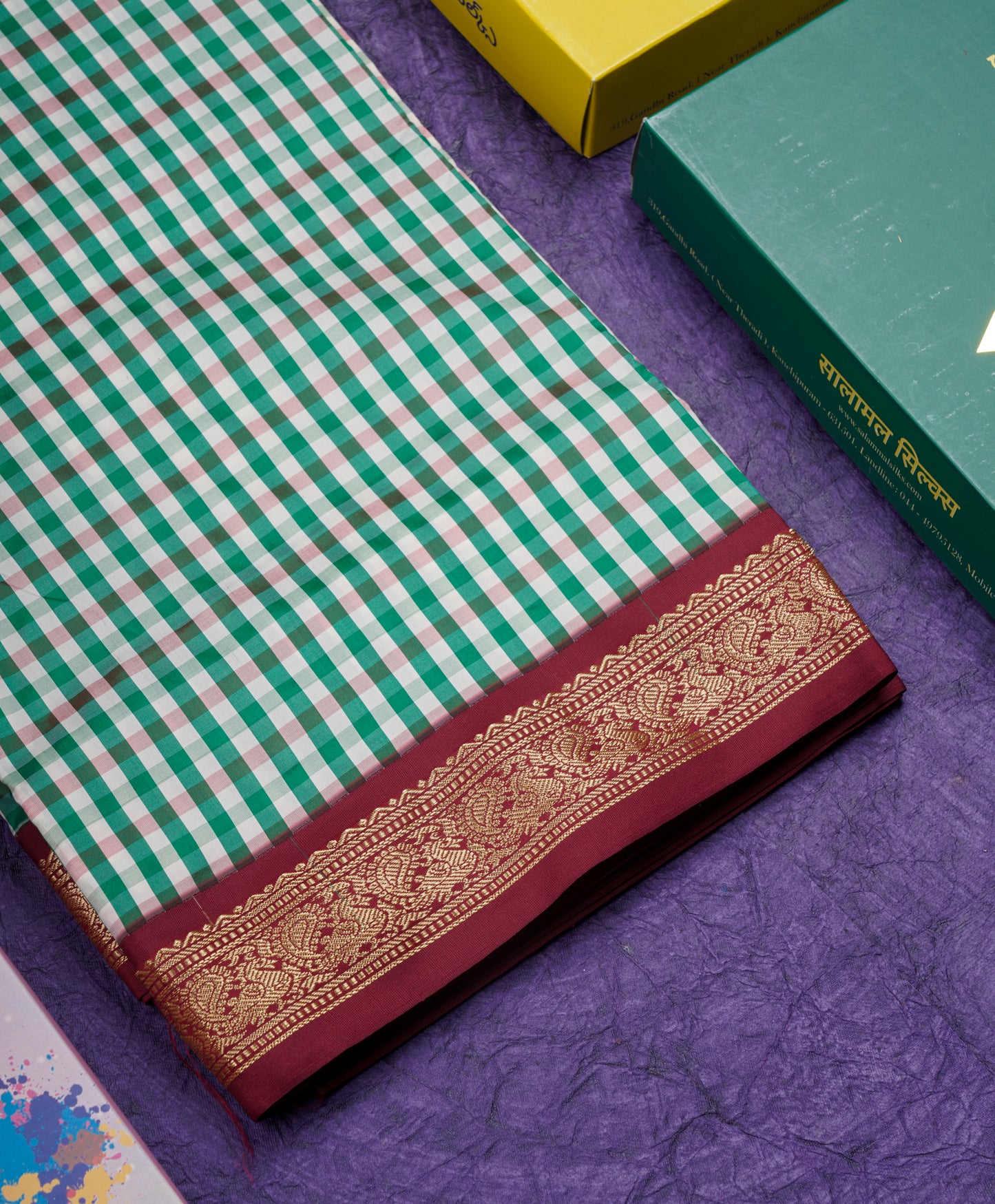 9.5 Yards Semi Silk Saree Multicolour Checks with Maroon Border