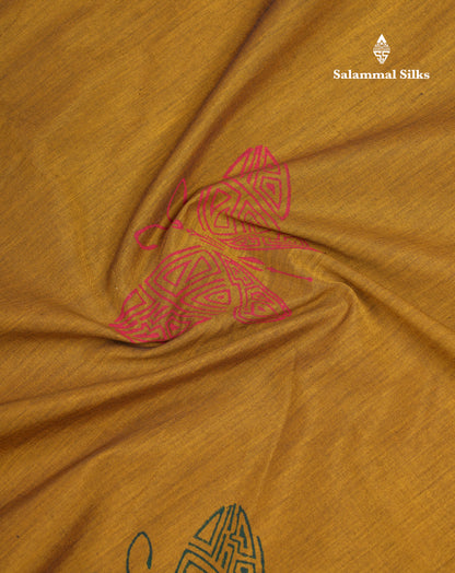 Beautiful Olive Mustard Yellow South Cotton Printed Saree With Contrast Green Blouse