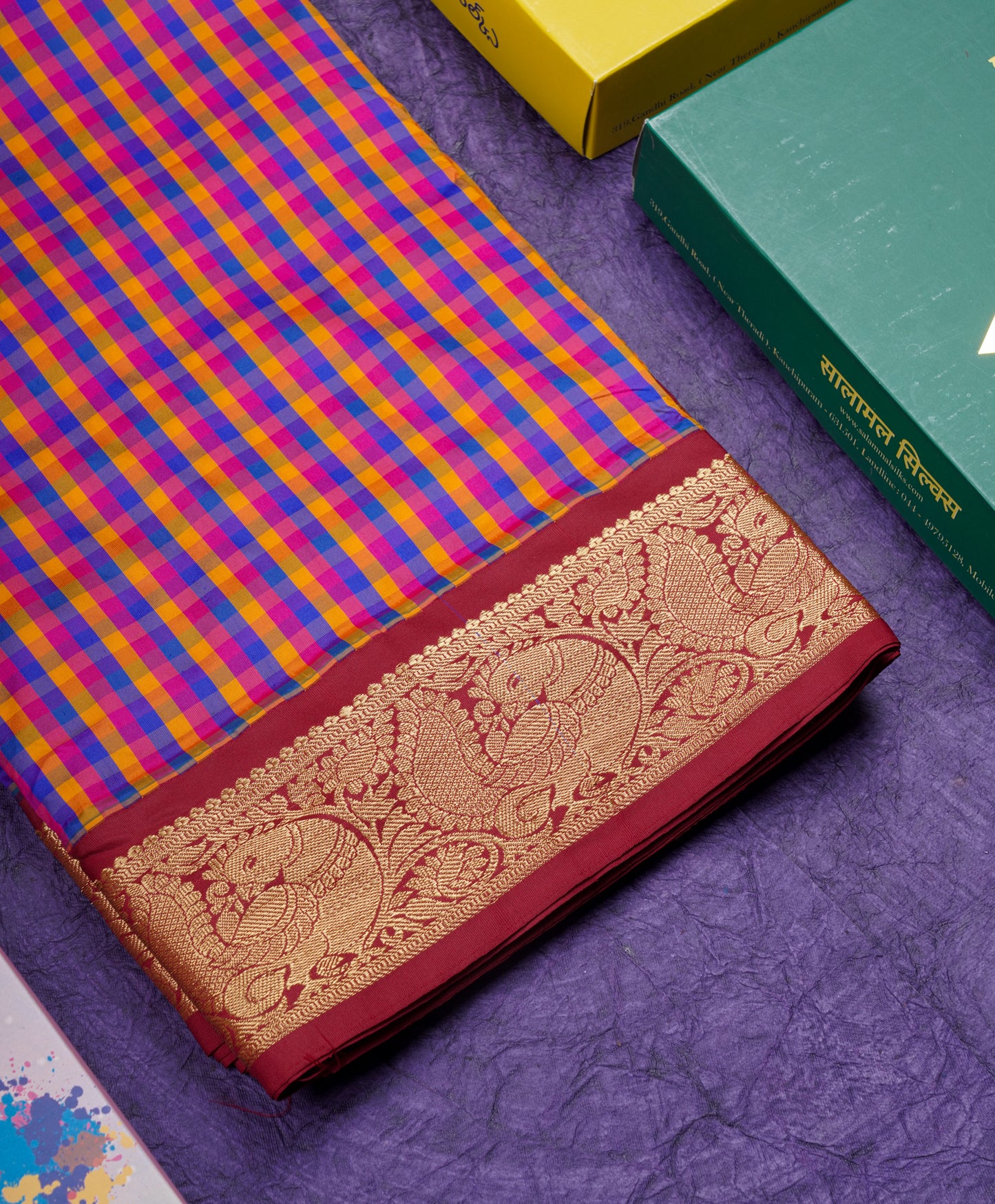 9.5 Yards Semi Silk Saree Multicolour Checks with Contrast Maroon Border