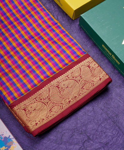 9.5 Yards Semi Silk Saree Multicolour Checks with Contrast Maroon Border