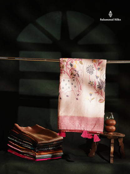 Beautiful Light Pink Thread Work Butta Muga Cotton Saree With Contrast Pink Blouse