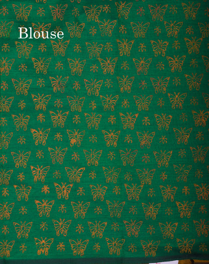 Beautiful Olive Mustard Yellow South Cotton Printed Saree With Contrast Green Blouse