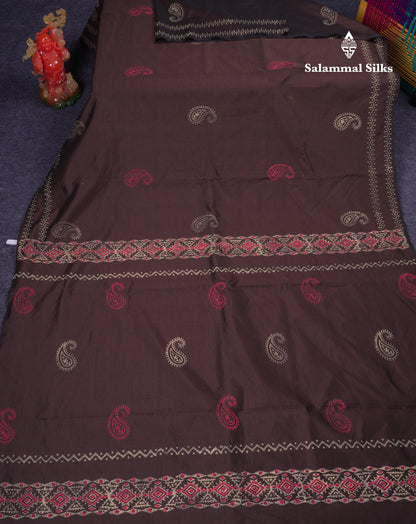 Beautiful Brown South Cotton Printed Saree With Contrast Cream Grey Blouse