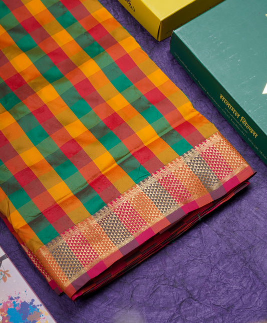 11 Yards Semi Silk Saree Multicolour Checks with Self Border