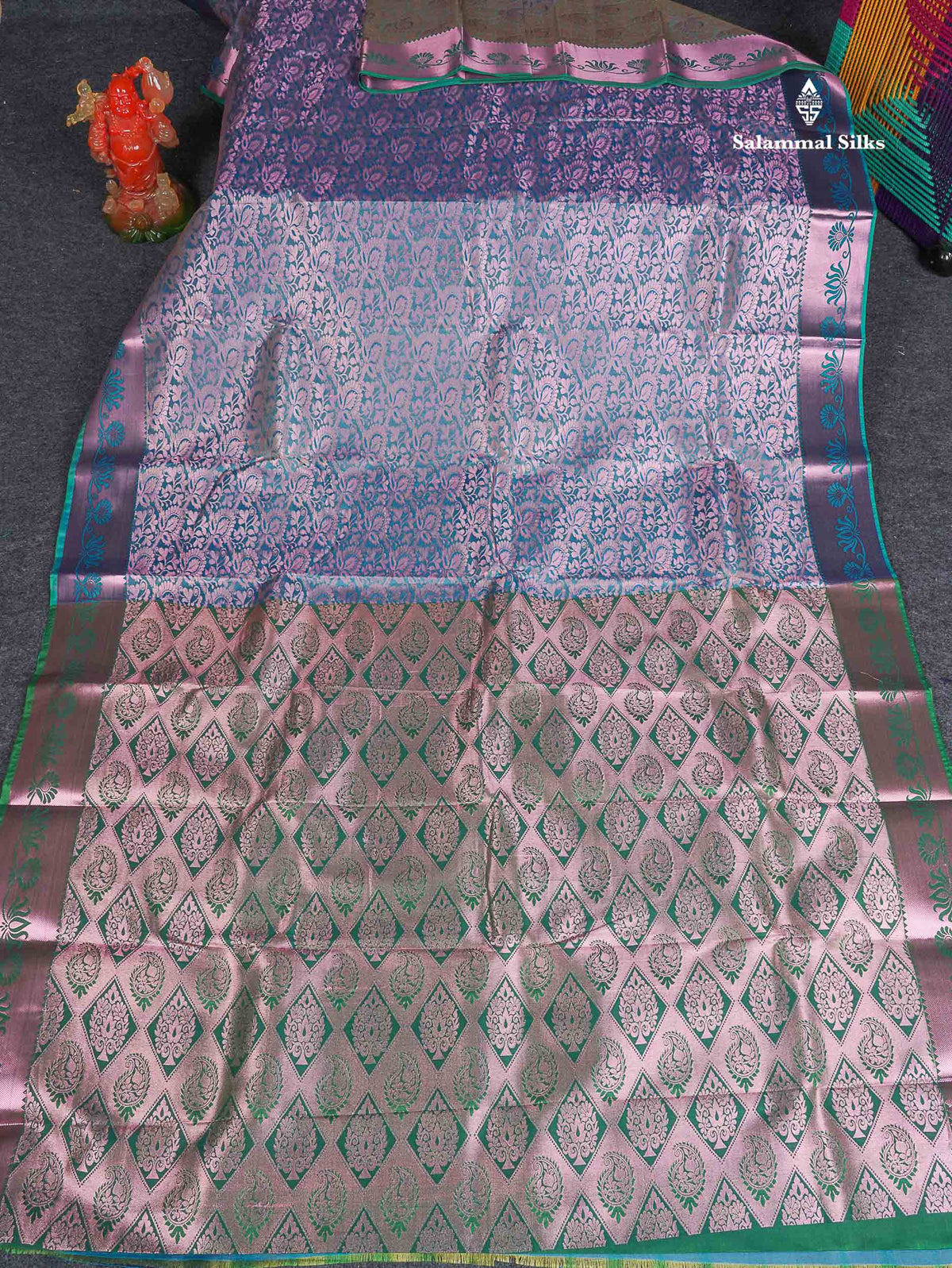 Semi Silk Saree - Light Blue Colour Body With Contrast Saffire Green Blouse