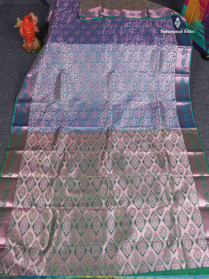Semi Silk Saree - Light Blue Colour Body With Contrast Saffire Green Blouse