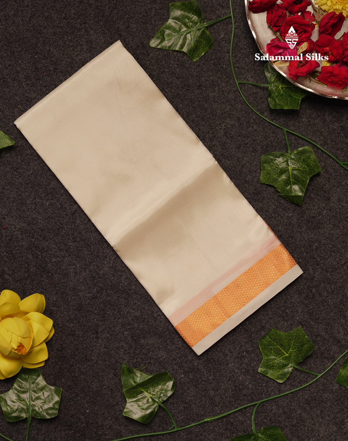 Beautiful Cream White Asha Mix Angavastram (1.80) With Gold Zari Border