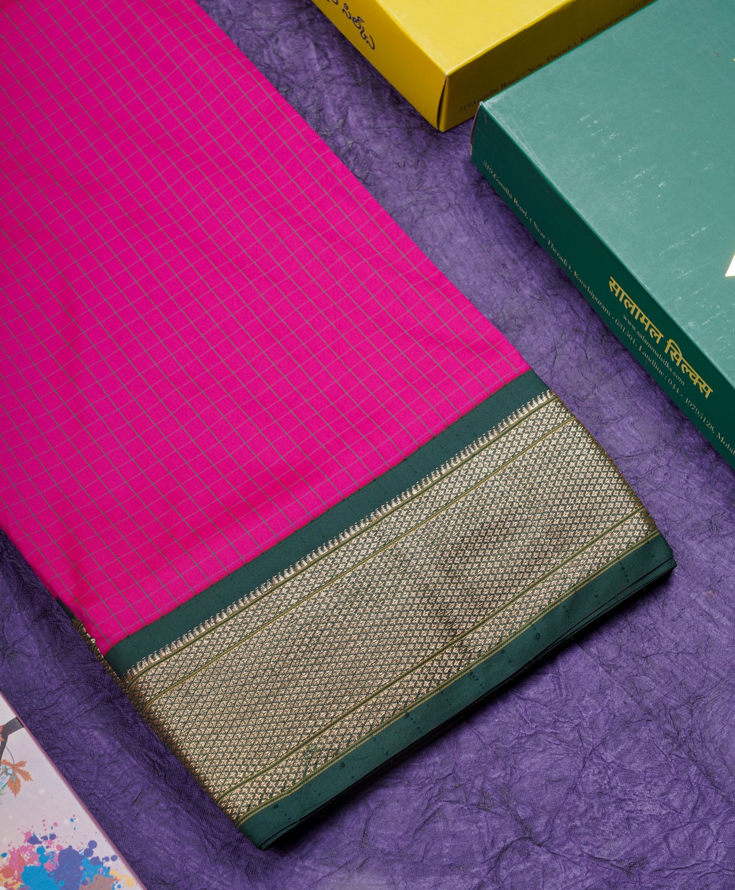9 Yards Semi Silk Saree Violet Colour with Pink Border