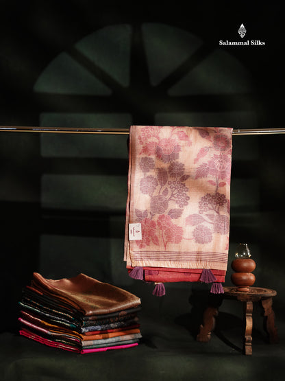 Beautiful Dark Peach Muga Cotton Saree With Contrast Maroon Blouse