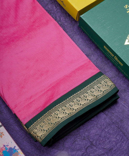 9.5 Yards Semi Silk Saree Pink with Contrast Bottle Green Border
