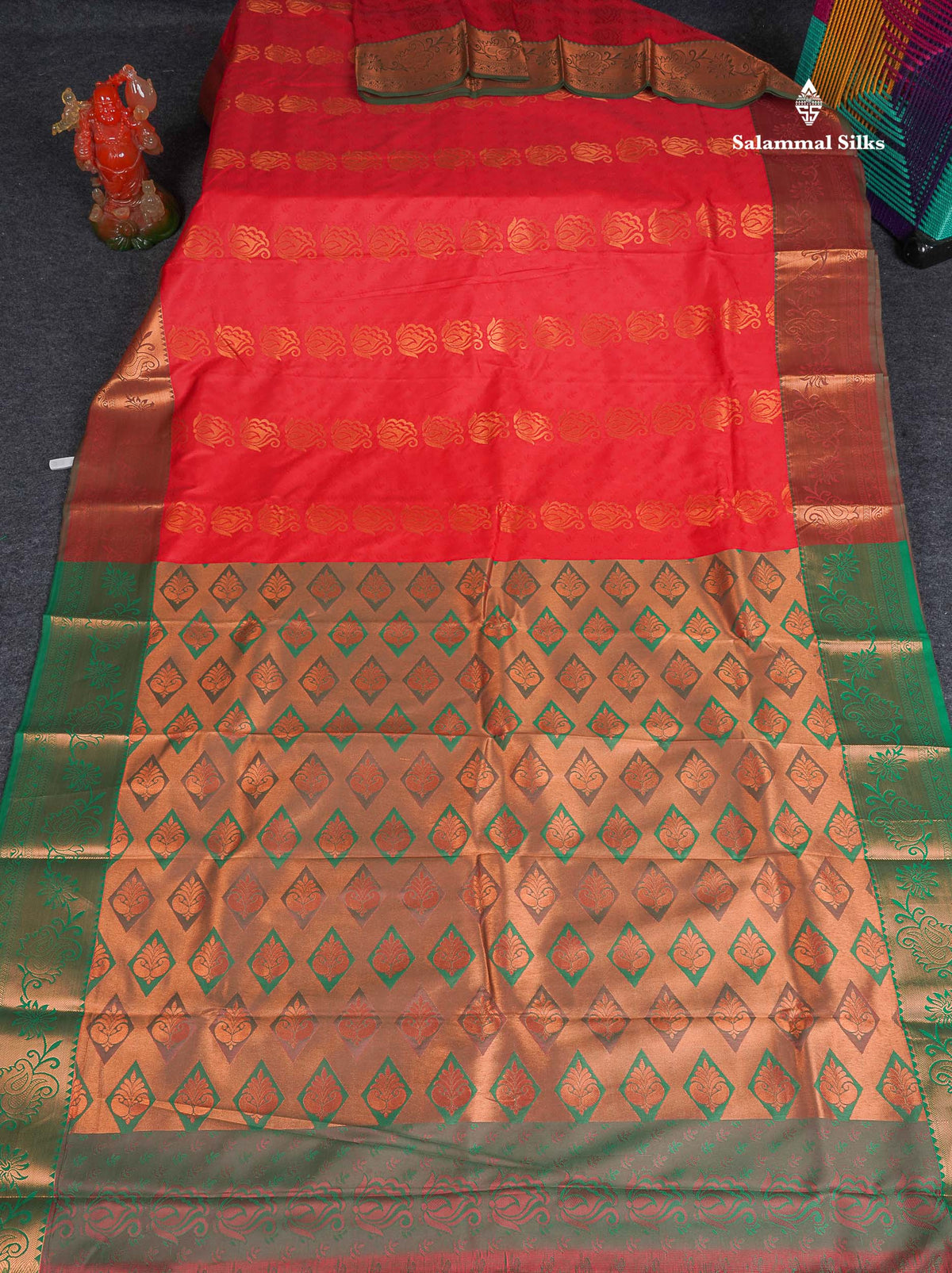 Semi Silk Saree - Red Colour Body With Contrast Dual Tone Green Blouse 