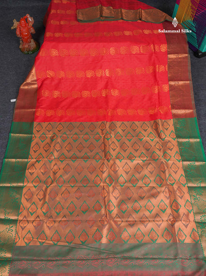 Semi Silk Saree - Red Colour Body With Contrast Dual Tone Green Blouse 