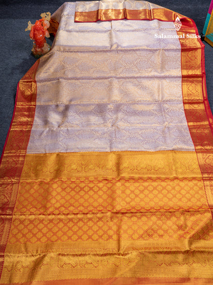 Light Lavender Tissue Bridal Pure Kanjivaram Silk Saree With Contrast Maroon Traditional Border