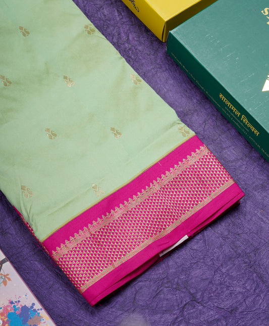 9 Yards Semi Silk Saree Pista Green With Contrast Pink Border